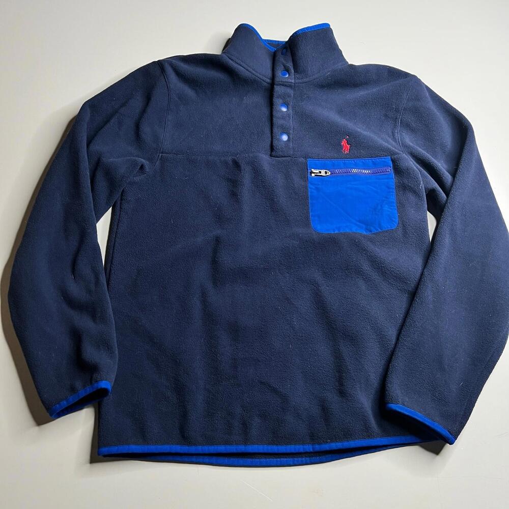 Polo Ralph Lauren Fleece Pullover Mens Small Blue Snap Button Pocket